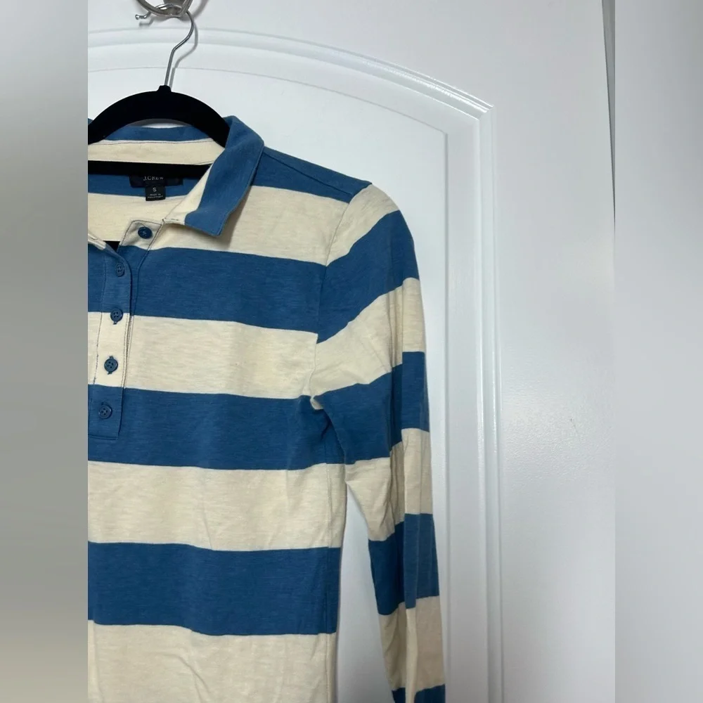 J Crew Blue Striped Long Sleeve Polo Rugby Shirt Size S Preppy Retro Academia